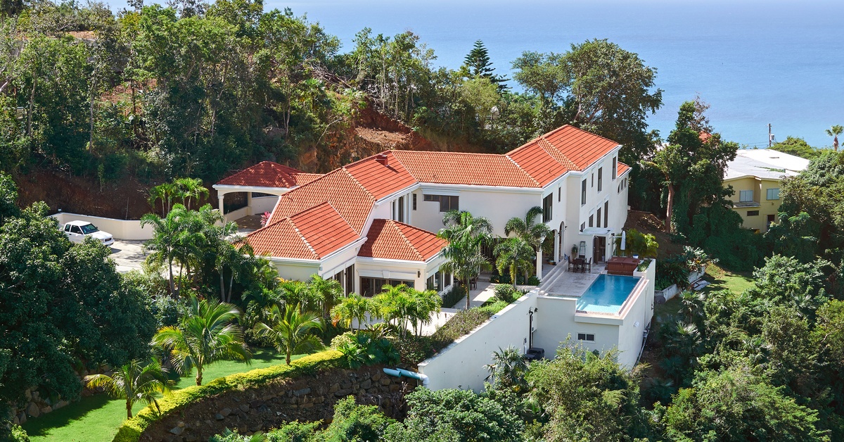 A modern luxury house with palm trees, large windows, and a poolside deck under a clear blue tropical sky.